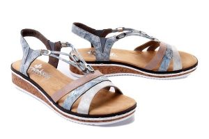 RIEKER V36G4-40 blue combination, sandały damskie. Niebieskie sandały Rieker, bez wzorów, bez obcasa, na koturnie, bez zapięcia. Za 319,90 zł.