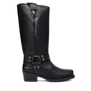 Kozaki REPLAY. Czarne kozaki Replay, bez wzorów, bez obcasa, na płaskiej podeszwie, bez zapięcia. Za 799,99 zł.