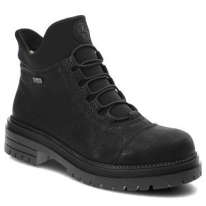 Czarne Botki Rieker Wygodne Buty Damskie. Czarne botki Rieker, na zimę, bez wzorów, ze skóry ekologicznej, bez obcasa, bez zapięcia. Za 331,99 zł.