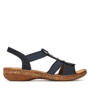 Sandały Rieker. Niebieskie sandały Rieker, bez wzorów, bez obcasa, na płaskiej podeszwie, bez zapięcia. Za 299,99 zł.