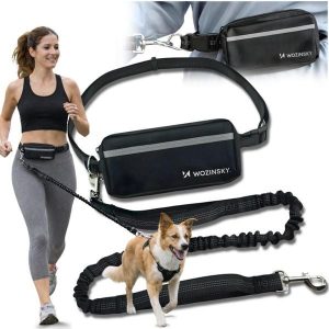 Pas biodrowy do biegania z psem smycz elastyczna saszetka hands free. Czarne nerki i saszetki WOZINSKY, bez wzorów. Za 49,99 zł.