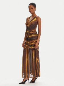 Bardot Sukienka koktajlowa Aries Mesh Maxi 59999DB Brązowy Slim Fit. Brązowe kombinezony Bardot, bez wzorów, z meshu, wizytowe, bez kołnierzyka, bez ramiączek. Za 329,99 zł.