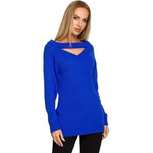 Sweter z Wycięciem na Dekolcie - Szafirowy. Niebieskie swetry klasyczne MOE, l, z materiału, bez kołnierzyka. Za 269,90 zł.