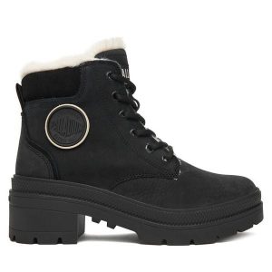 Trzewiki Palladium. Czarne botki Palladium, bez wzorów, bez obcasa, na płaskiej podeszwie, bez zapięcia. Za 499,99 zł.