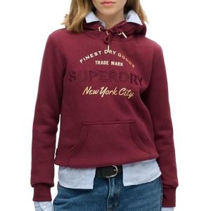 Damska bluza z kapturem z metalicznym logo Superdry Luxe. Brązowe bluzy Superdry, bez wzorów, ze skóry, z kapturem. W wyprzedaży za 332,45 zł.