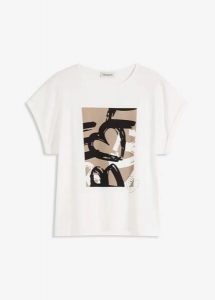 T-shirt z wiskozą i kryształkami. Białe t-shirty bonprix, bez wzorów, z wiskozy, bez kołnierzyka, bez ramiączek. Za 64,99 zł.