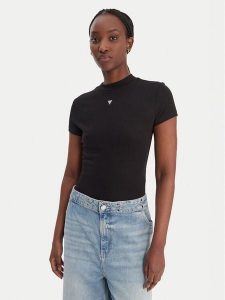 Guess Bluzka W6RP99 KCNH2 Czarny Regular Fit. Czarne bluzki Guess, s, z aplikacjami, z syntetyku, bez kołnierzyka, bez ramiączek. Za 219,99 zł.