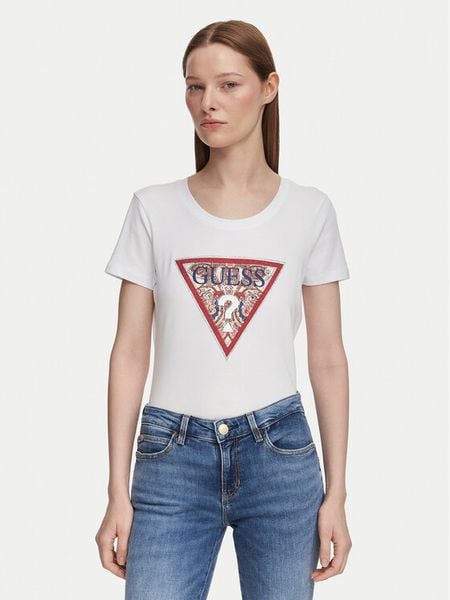 Guess T-Shirt W6YI25 K4344 Biały Slim Fit. Białe t-shirty Guess, xs, z aplikacjami, z bawełny, bez kołnierzyka, bez ramiączek. Za 194,99 zł.
