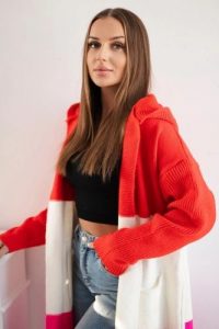 Sweter Kardigan z kapturem w pasy czerwony+ecru+różowy neon. Czerwone kardigany KESI, z jeansu. Za 209,08 zł.