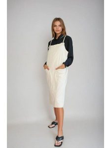 Monki Sukienka w kolorze kremowym rozmiar: L. Brązowe sukienki Monki, l, bez wzorów, z bawełny, bez kołnierzyka, bez ramiączek, midi. Za 43,99 zł.