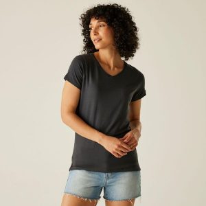 Koszulka turystyczna damska Elkie. Szare bluzki Regatta, bez wzorów, z bawełny, casualowe, bez kołnierzyka, bez ramiączek. W wyprzedaży za 80,25 zł.