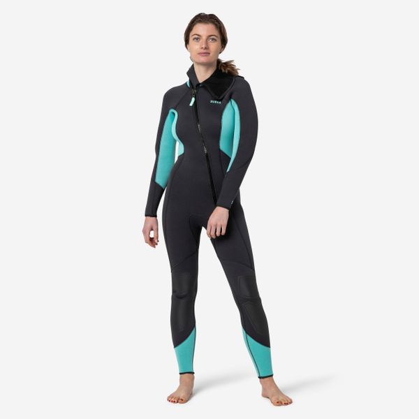 Skafander do nurkowania damski Subea SCD 500 z neoprenu 5 mm. Niebieskie kombinezony DECATHLON, s, bez wzorów, z kauczuku, bez kołnierzyka, bez ramiączek, długie. Za 349,99 zł.