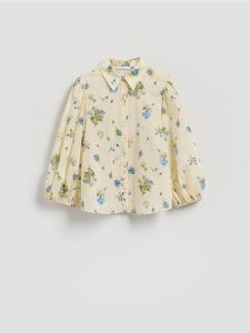 Bawełniana koszula w kwiaty - jasnoniebieski. Niebieskie koszule Reserved, l, bez wzorów, z bawełny, bez kołnierzyka, bez ramiączek. Za 129,99 zł.