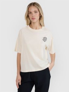 4F T-shirt oversize z nadrukiem damski - biały XS. Białe t-shirty 4f, xs, bez wzorów, z bawełny, bez kołnierzyka, bez ramiączek. W wyprzedaży za 59,99 zł.