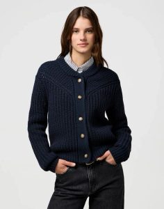 DAMSKI SWETER WRANGLER WESTERN CARDIGAN DARK NAVY 112370796. Niebieskie kardigany Wrangler. Za 199,99 zł.