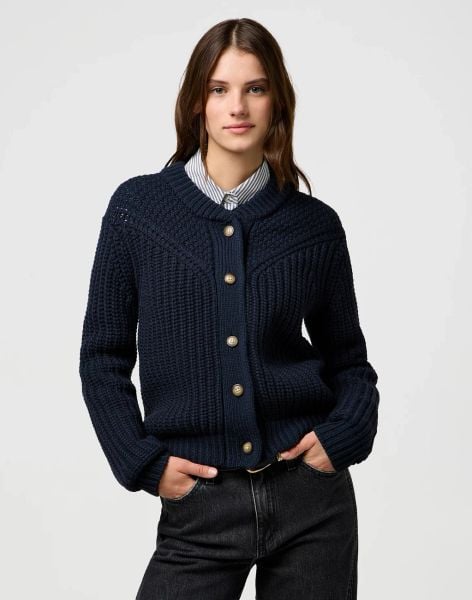 DAMSKI SWETER WRANGLER WESTERN CARDIGAN DARK NAVY 112370796. Niebieskie kardigany Wrangler. Za 199,99 zł.