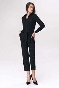 Czarny Stylowy Kombinezon na Guziki z Nogawkami 3/4. Czarne kombinezony Nife, xl, bez wzorów, z elastanu, eleganckie, bez kołnierzyka, bez ramiączek. Za 249,90 zł.