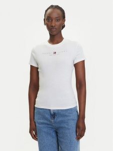 Tommy Jeans T-Shirt Linear DW0DW21422 Écru Slim Fit. T-shirty Tommy Jeans, xl, bez wzorów, z bawełny, bez kołnierzyka, bez ramiączek. Za 109,99 zł.