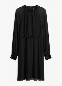 Sukienka koktajlowa zdobiona kryształkami. Czarne sukienki bonprix, z aplikacjami, eleganckie, bez kołnierzyka, bez ramiączek. Za 249,99 zł.