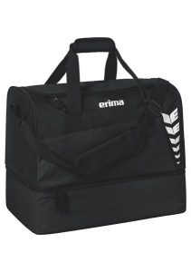 Torba sportowa Erima Six Wings z dolną komorą, czarna. Czarne torby podróżne i sportowe Erima, bez wzorów, z materiału, na ramię. Za 119,99 zł.