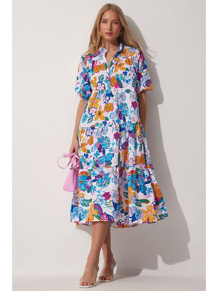 Happiness Istanbul Sukienka w kolorze jasnoróżowo-niebiesko-pomarańczowym rozmiar: 36. Niebieskie sukienki Happiness Istanbul, bez wzorów, z bawełny, bez kołnierzyka, bez ramiączek, midi. Za 78,66 zł.