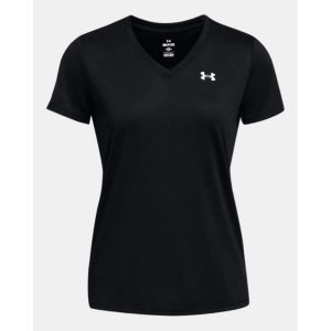 Koszulka treningowa damska Under Armour UA Tech V-Neck. Czarne bluzki Under Armour, bez wzorów, sportowe, bez kołnierzyka, bez ramiączek. Za 91,79 zł.