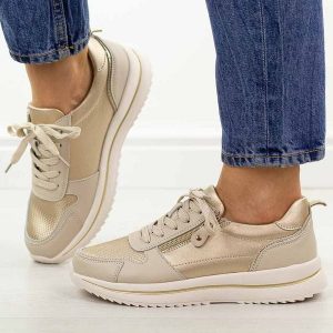 Beżowe skórzane półbuty damskie Jezzi 9784. Brązowe półbuty Jezzi, na jesień, bez wzorów, ze skóry, z okrągłym noskiem, bez obcasa, na płaskiej podeszwie, bez zapięcia. Za 229,00 zł.