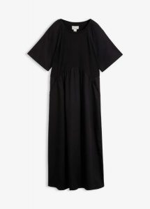 Bawełniana sukienka midi z miksu materiałów. Czarne sukienki bonprix, bez wzorów, z bawełny, bez kołnierzyka, bez ramiączek, midi. Za 79,99 zł.