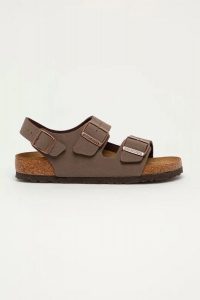 Sandały damskie brązowe Birkenstock Milano. Brązowe sandały Birkenstock, bez wzorów, bez obcasa, bez zapięcia. Za 399,99 zł.