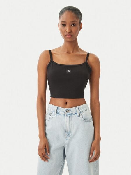 Calvin Klein Jeans Top LV047F221G Czarny Slim Fit. Czarne topy Calvin Klein Jeans, m, bez wzorów, z bawełny, bez kołnierzyka, bez ramiączek. Za 98,99 zł.