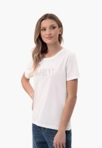 Bawełniany t-shirt z printem, Comfort Fit, T-MOMENTS. Białe t-shirty Volcano, m, bez wzorów, z bawełny, bez kołnierzyka, bez ramiączek. Za 69,99 zł.