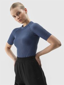 4F T-shirt slim bezszwowy gładki damski - granatowy M/L. Niebieskie t-shirty 4f, l, bez wzorów, z dzianiny, bez kołnierzyka, bez ramiączek. Za 29,99 zł.