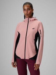 4F Kurtka softshell wiatroodporna damska - różowa XS. Czerwone kurtki 4f, l, bez wzorów, z materiału, bez kaptura. Za 299,99 zł.