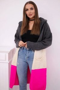 Sweter Kardigan z kapturem w pasy grafitowy+beżowy+różowy neon. Brązowe kardigany KESI, z jeansu. Za 209,08 zł.