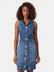 Guess Sukienka jeansowa W6YK24 D1763 Niebieski Slim Fit. Niebieskie sukienki Guess, s, z aplikacjami, z bawełny, bez kołnierzyka, bez ramiączek. Za 691,99 zł.