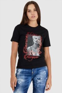 GUESS Czarny t-shirt damski z nadrukiem. Czarne t-shirty Guess, s, z aplikacjami, z bawełny, bez kołnierzyka, bez ramiączek. W wyprzedaży za 129,99 zł.