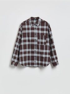 Koszula w kratę - ciemnobrązowy. Brązowe koszule Reserved, l, bez wzorów, z bawełny, bez kołnierzyka, bez ramiączek. Za 139,99 zł.