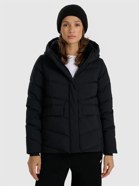 4F Kurtka puchowa z wypełnieniem naturalnym damska - czarna XL. Czarne kurtki 4f, na zimę, xl, bez wzorów, z materiału, bez kaptura. W wyprzedaży za 349,99 zł.
