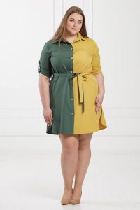 Wyjątkowa dwukolorowa sukienka Cindy oliwkowo-żółta rękaw 3/4PLUS SIZE. Zielone sukienki Moda Size Plus Iwanek, na co dzień, plus size, bez wzorów, z elastanu, eleganckie, bez kołnierzyka, plus size, bez ramiączek, mini. Za 189,90 zł.