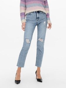 ONLY Dżinsy - Slim fit - w kolorze błękitnym rozmiar: XS/L32. Niebieskie jeansy ONLY, z aplikacjami, ze skóry, z podwyższonym stanem. Za 52,67 zł.