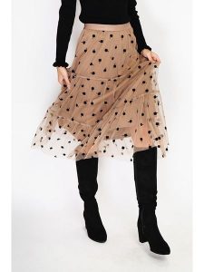 ASSUILI Spódnica w kolorze jasnobrązowym rozmiar: 40. Brązowe spódnice Assuili, bez wzorów, z tiulu, klasyczne, midi. Za 144,45 zł.