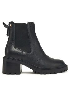 Tommy Hilfiger Botki Th Leather Chelsea Cleated Heel FW0FW08774 Czarny. Czarne botki TOMMY HILFIGER, bez wzorów, ze skóry, bez obcasa, na słupku, bez zapięcia. Za 549,99 zł.