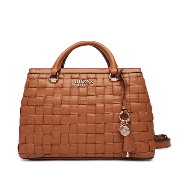 Torebka Guess. Brązowe kuferki Guess, z aplikacjami, bez dodatków. Za 799,99 zł.