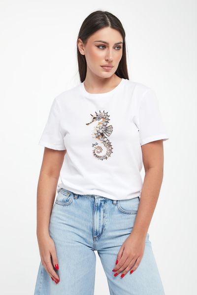 T-shirt damski z nadrukiem i cyrkoniami LIU JO. T-shirty Liu Jo, m, bez wzorów, bez kołnierzyka, bez ramiączek. Za 299,00 zł.