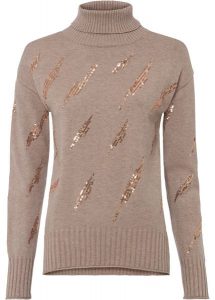 Sweter oversize z cekinami. Brązowe swetry klasyczne bonprix, bez kołnierzyka. Za 169,99 zł.