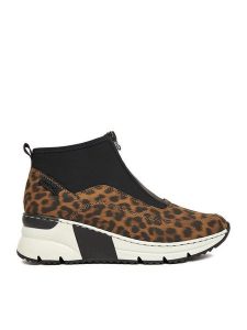 Rieker Botki CEO-N6352-90 Czarny. Czarne botki Rieker, bez wzorów, z materiału, bez obcasa, na koturnie, bez zapięcia. Za 219,99 zł.