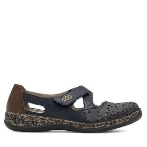 Półbuty Rieker. Niebieskie półbuty Rieker, bez wzorów, bez obcasa, na płaskiej podeszwie, bez zapięcia. Za 319,99 zł.