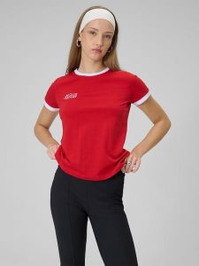 4F T-shirt regular z nadrukiem damski - czerwony XL. Czerwone t-shirty 4f, uniwersalny, bez wzorów, z dzianiny, bez kołnierzyka, bez ramiączek. Za 59,99 zł.