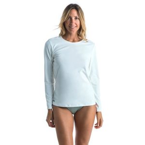 Top anty-UV surfingowy damski Olaian Malou długi rękaw. Białe topy OLAIAN, l, bez wzorów, z materiału, sportowe, bez kołnierzyka, bez ramiączek. Za 49,99 zł.