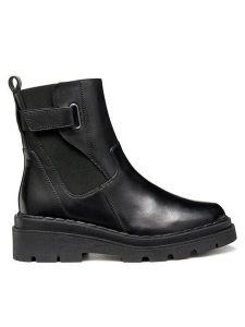 Geox Botki D Felleny D56XEC 00043 C9999 Czarny. Czarne botki Geox, bez wzorów, ze skóry, bez obcasa, na płaskiej podeszwie, bez zapięcia. Za 509,99 zł.